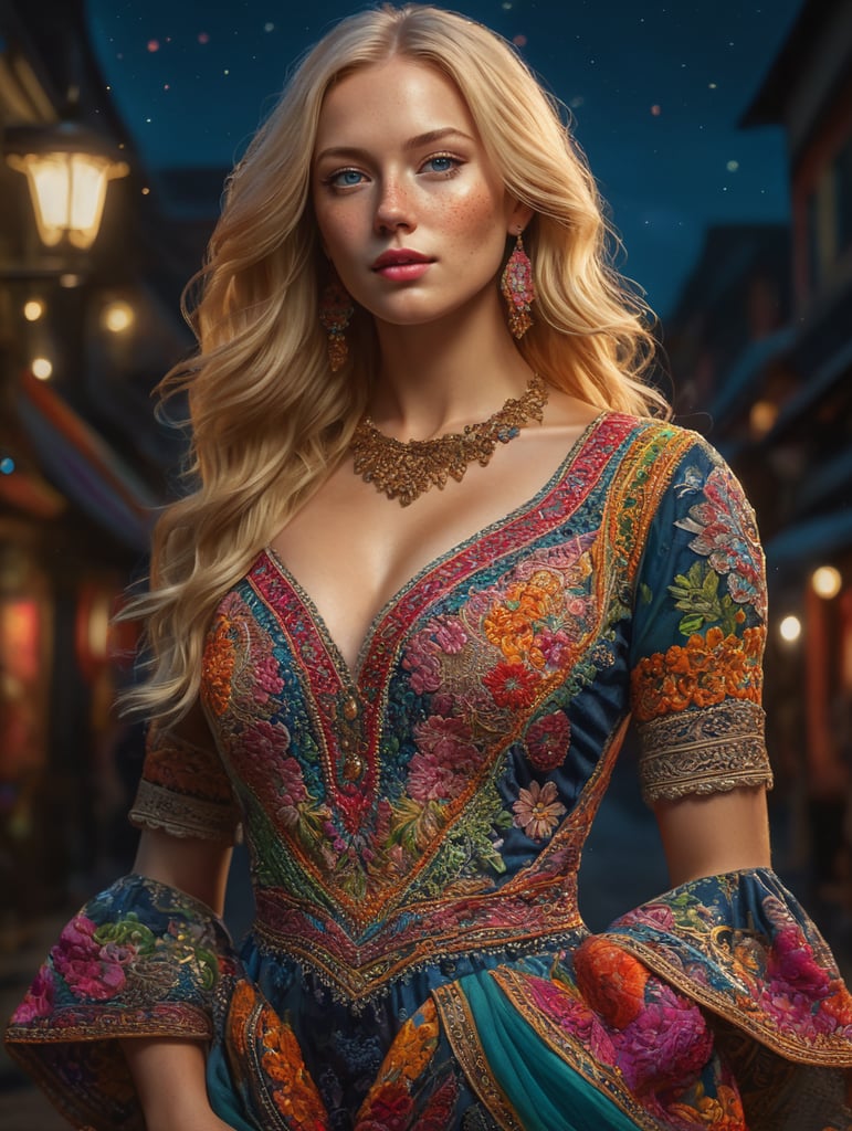 Beautiful blonde woman with freckles, wearing a colorful, vibrant, detailed embroidered dress, medium-full shot, at night