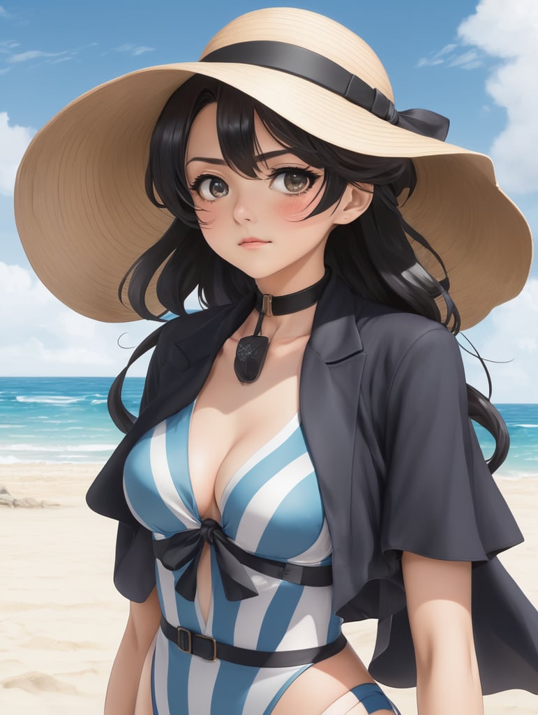 Detective Conan art style, ram, female, anime, wind blows, black hat, holding the hat, beach, swim suit