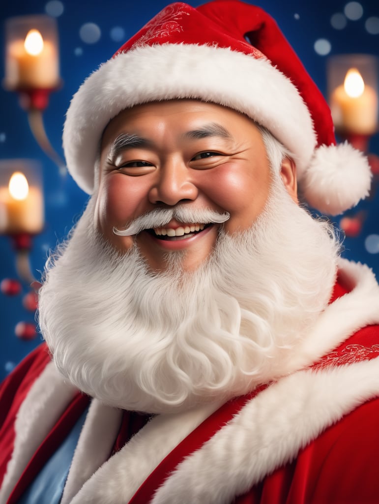 Portrait of a Japanese fat Santa Claus smiling, whimsical facial expression, flowing white beard, jolly caricature, saturated colors, red outfit, sharp focus, portrait photography, depth of field, dramatic candlelit lighting, incredibly high detailed, blue background, blurred background,