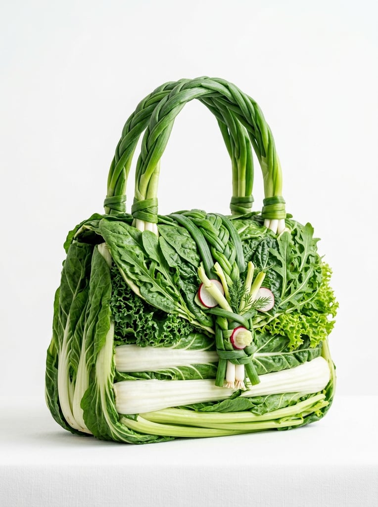 handbag sculpted from fresh leafy greens, thick white stalks forming the body, curved scallions as top handles and front clasp, seamless white background, conceptual still life photography, surreal organic fashion, crisp studio lighting