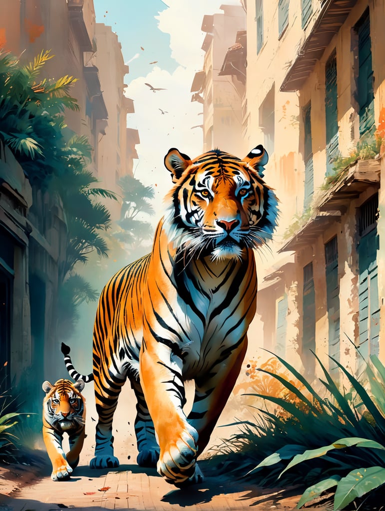 a tiger chasing a zebra in the African savanna, highly detailed, beautifully rendered, flat design style, vibrant colors, nature-inspired scene, soft lighting accentuates, transparent background