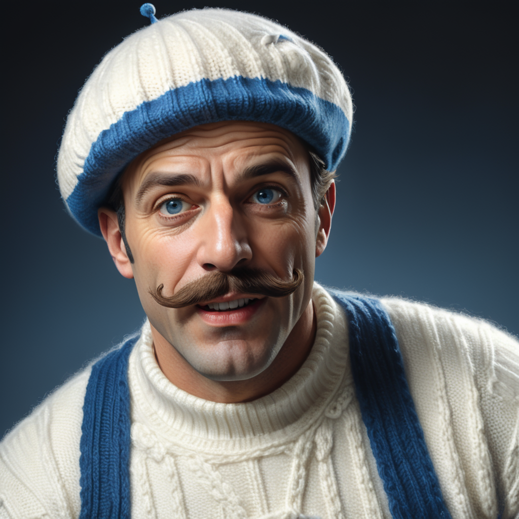 French man moustache and beret wearing a white sweater with blue horizontal stripes being chase by a big poo emoji