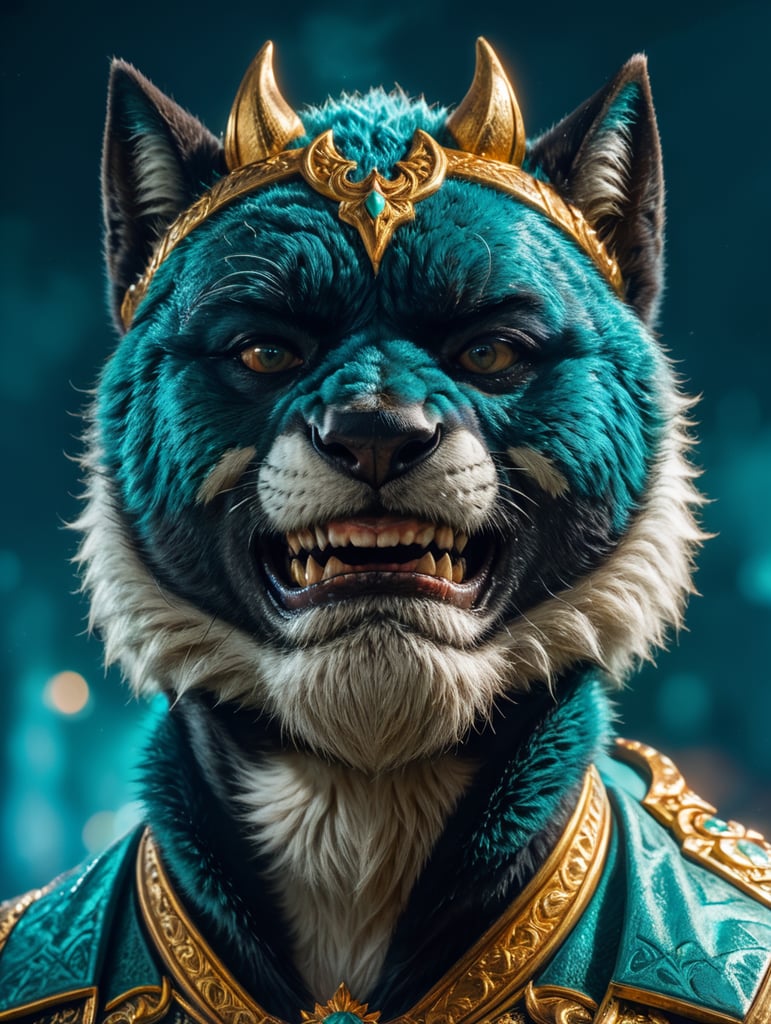 add much more background space behind make background dark like night time add in very long teeth make furrier and character to be more turquoise in colour