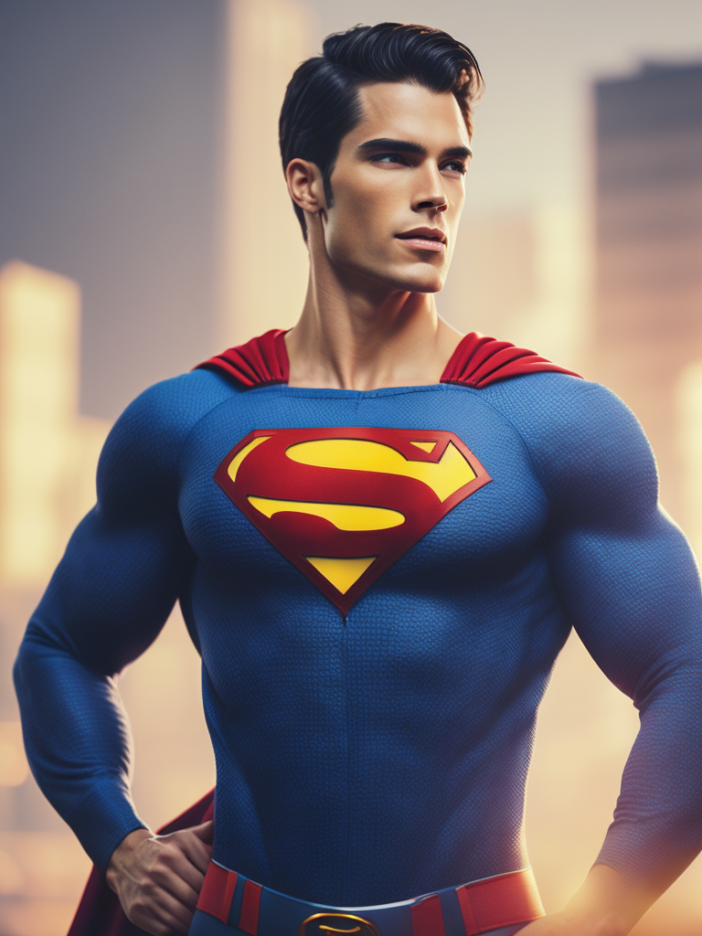 Portrait of a superman in a knitted suit, a blue suit with a red and yellow superman logo on the chest, a city in the background, a blurred background, professional shot, bright saturated colors, sharp focus, highly detailed