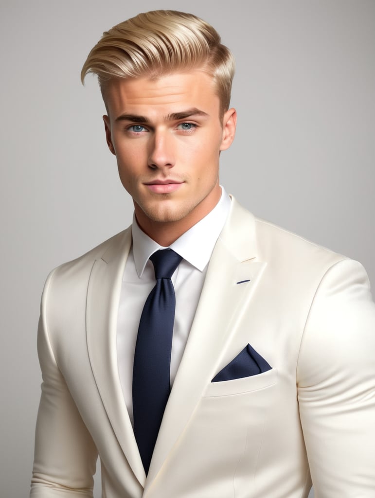 A young blonde man,who looks like Justin Bieber, square beard, muscled sportsman in navy satin large pinstripe suit, club tie, pompadour haircut, chin down and look direct to the camera, smirk