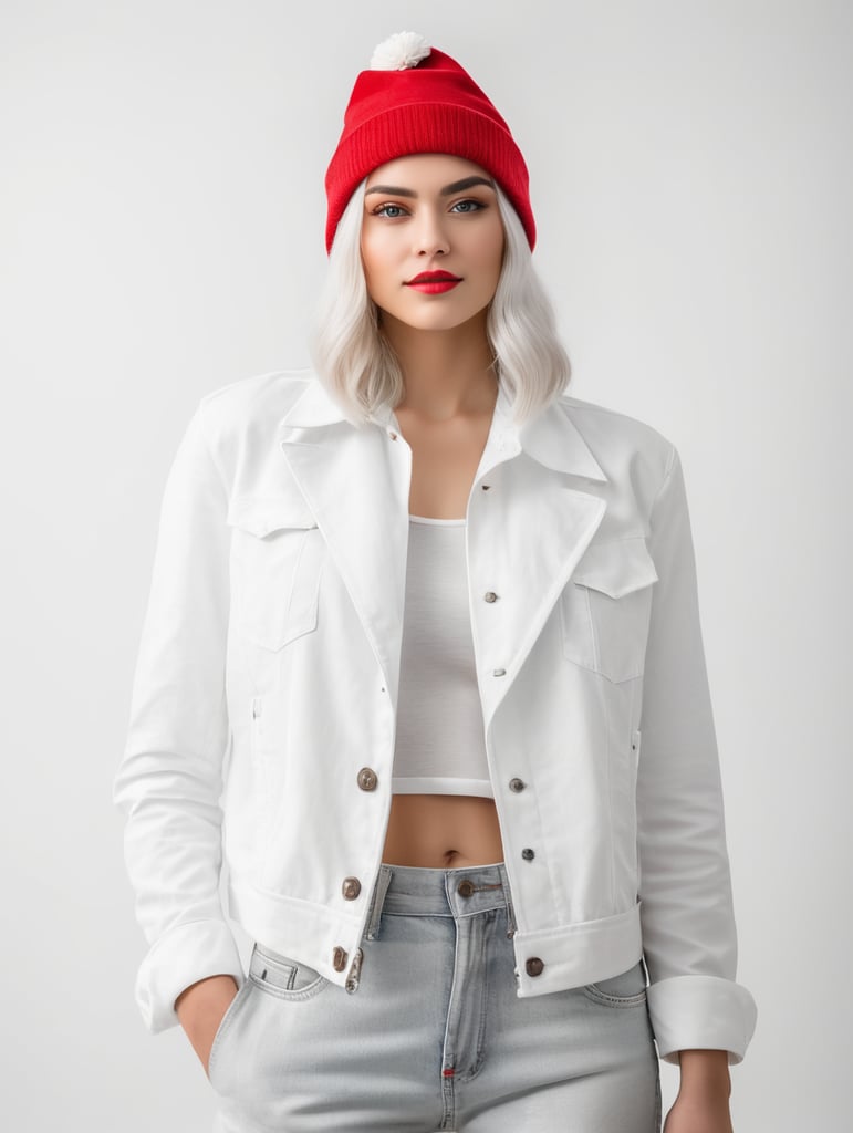 a young women with white hair and red hat on his head is wearing a white lacket, isolated, white background