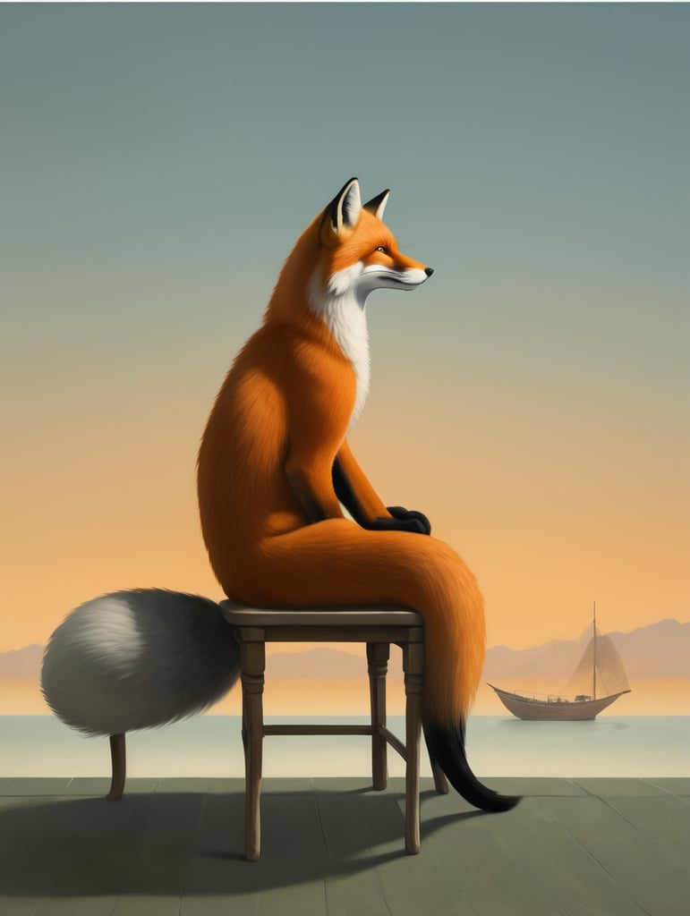 fox sitting on a chair looking to the horizon, illustration, painting, china, style of Liu Ye