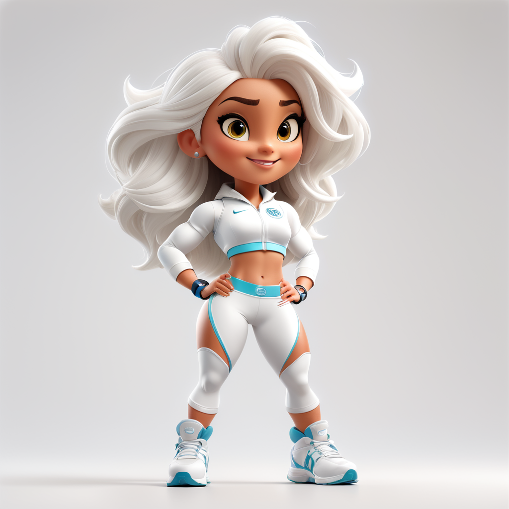 a female mascot, with white fitness clothes, white background,