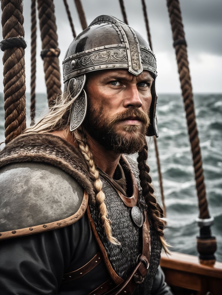 A portrait of viking warrior at the boat in the ocean, stormy weather