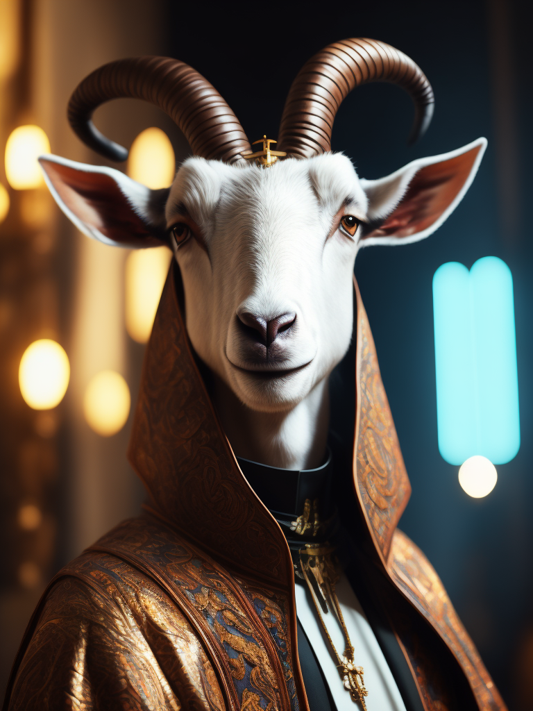 Portrait of a goat's head wearing a catholic pope's dress, cinematic lighting, cyberpunk, octane render, color grading, shot on 35 mm lense, depth of field, dof, tilt blur, shutter speed, white balance, super resolution, hdr, megapixel, pro photo rgb, halfrear lighting, backlight, natural lighting, incandescent, optical fiber, moody lighting, global illumination, path tracing, studio lighting, soft lighting, -ray tracing --diffraction grading --chromatic aberration --gb displacement --ambient occlusion --txaa --post processing -- cell shading --tone mapping --cgi --vfx--insanely detailed and intricate