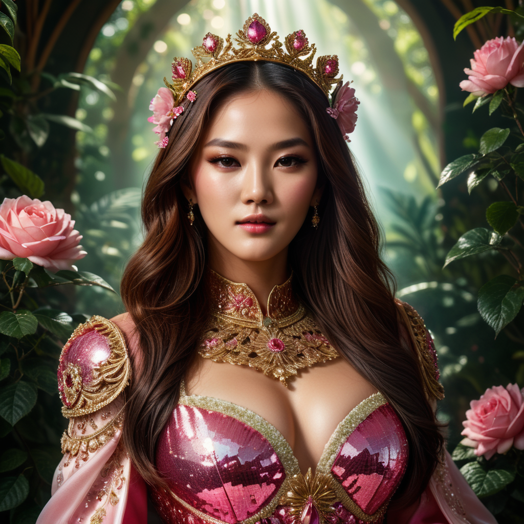 photo of a beautiful korean female queen who looks like Lalisa Manoban, sitting on a throne in a corner of the rose garden in a cool tropical forest, detail of her beautiful chubby face with perfect make-up, wearing a luxurious holographic sequin dress with floral patterns, straight black-pink ombre hair, wearing a crown, body detail perfectly proportional, perfect lighting, perfect anatomy, photorealism, hyperdetailed, hyperrealistic, masterpiece, HD 8K resolution