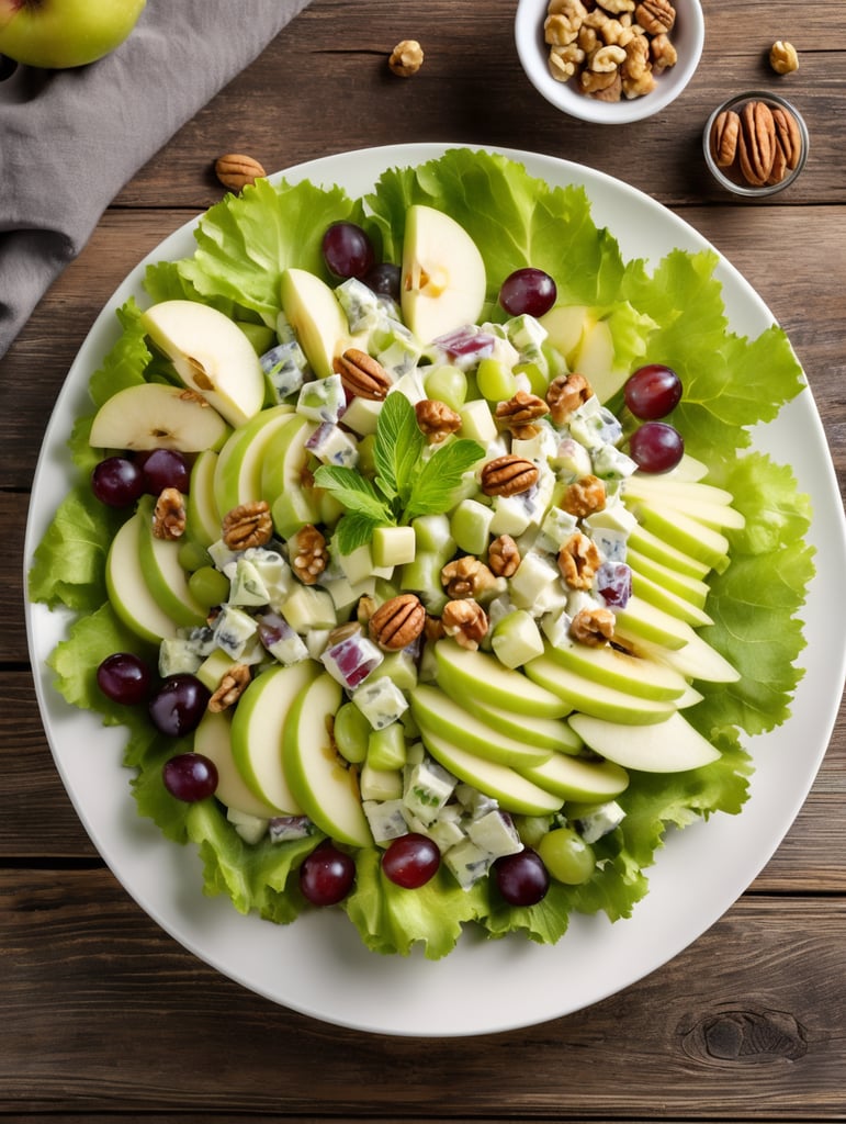 Waldorf Salad, small plate on a wooden table, Description: A delightful mix of crisp apples, celery, grapes, and walnuts in a mayonnaise-based dressing, often served on a bed of lettuce.