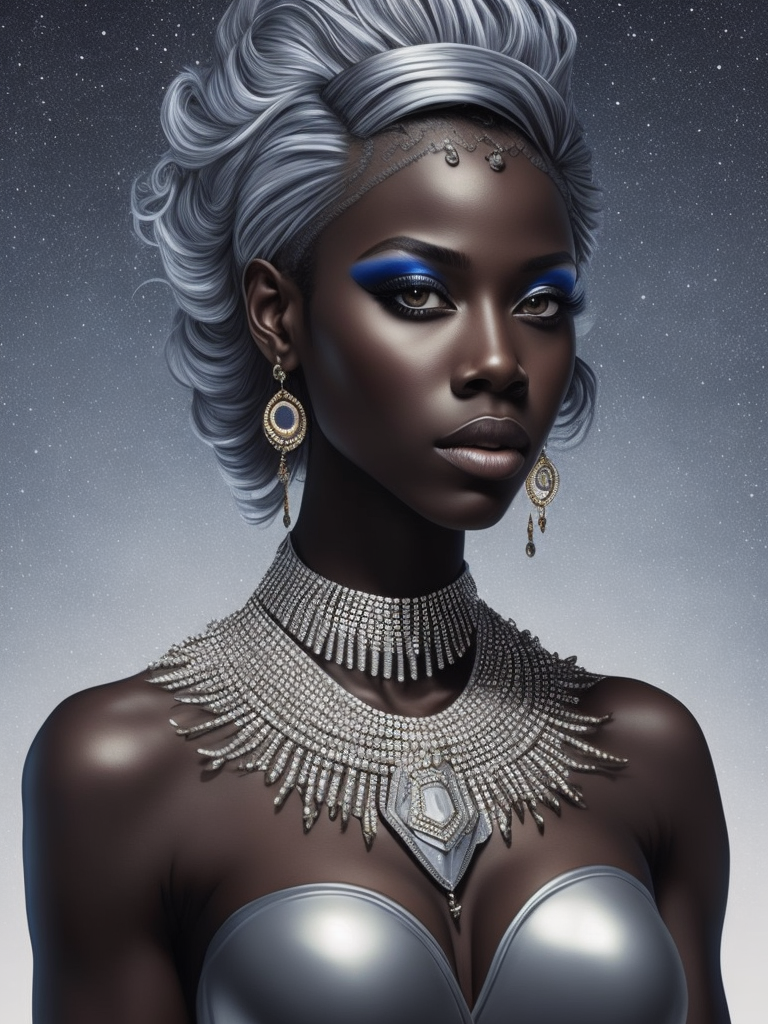 a ed woman in blue and silver looks like she has some white on, in the style of nene thomas, enoch bolles, dark silver and brown, pointillist optical illusions, african influence, hyper-realistic water,