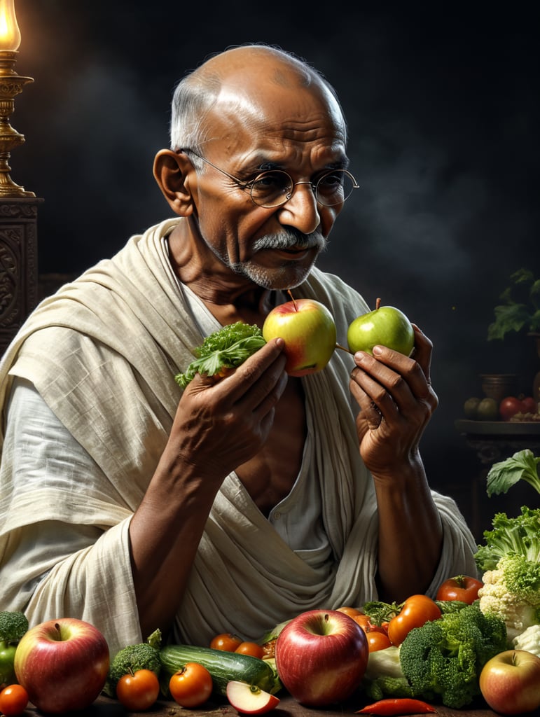 Mahatma gandhi Ji eating apple and vegetables for healthy life, high quality 4k image with high detailing resolution