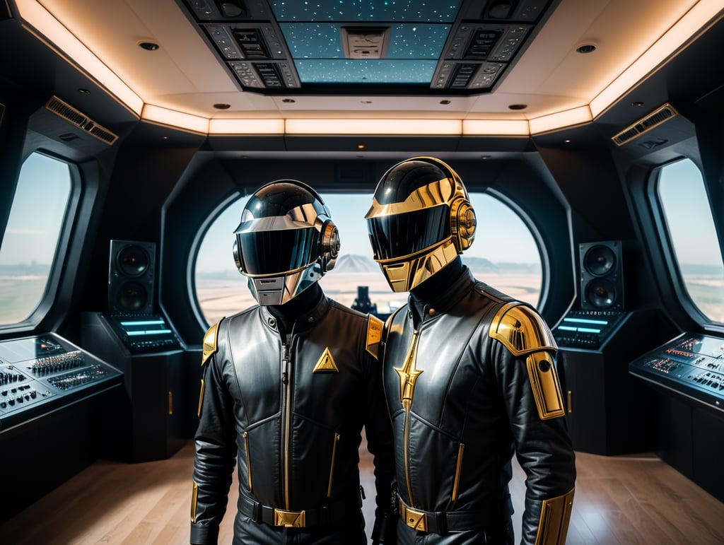 daft punk plays in a spaceship, interior design, cinematography, photography, volumetric, symmetrical, ultra wide angle, depth of field, highly detailed, ultra realistic, 16k