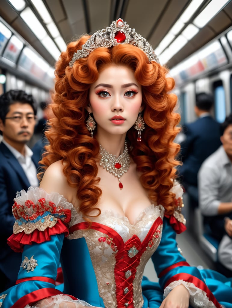 "beautiful rococo princess sitting on the japanese metro", elaborate gown, massive curly red rococo hair, head and shoulders portrait, pretty eyes, 8k photo. crowded metro with onlookers