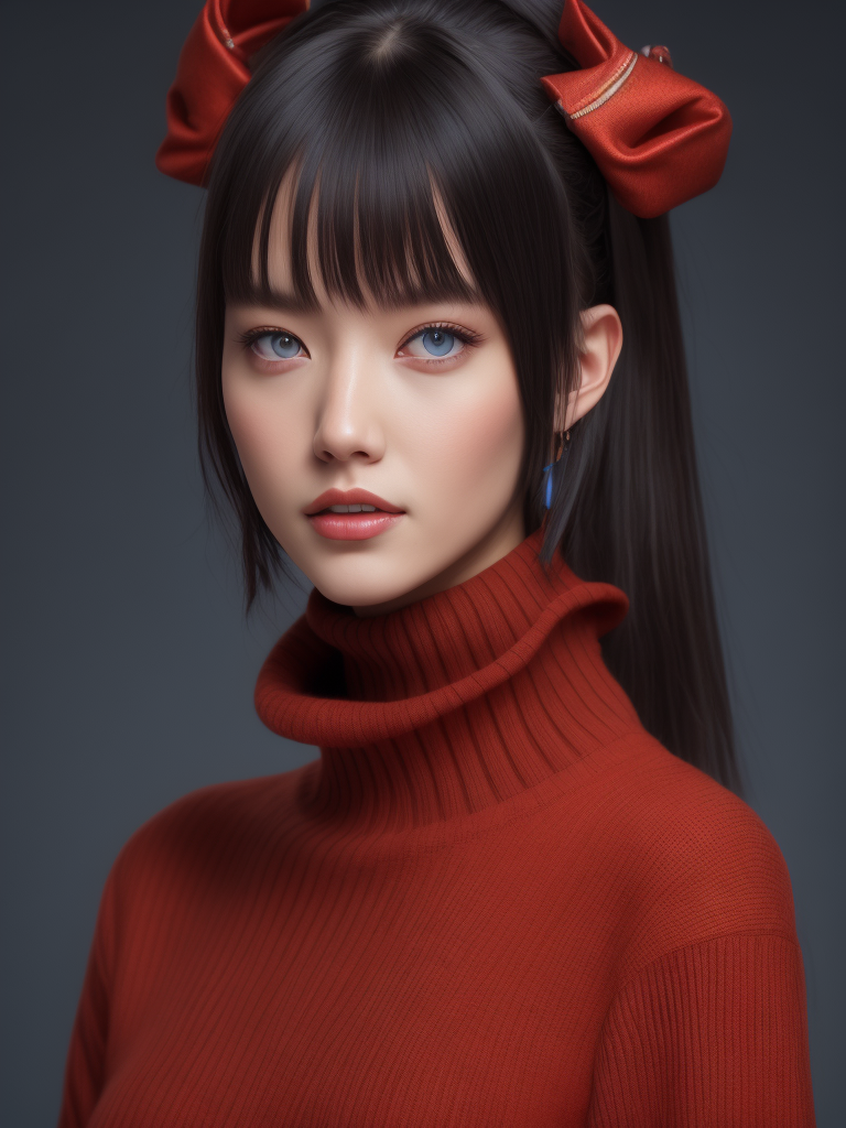1girl, tohsaka rin, solo, long hair, sweater, red sweater, looking at viewer, blue background, black hair, simple background, two side up, turtleneck, blue eyes, lips, closed mouth, ribbon, hair ribbon, bangs, turtleneck sweater, upper body, parted bangs, black ribbon, ribbed sweater, twintails, nose,