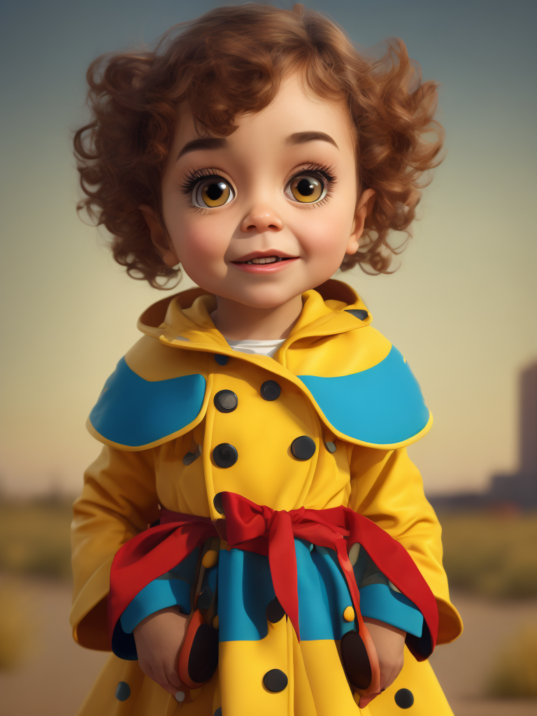 a little beautiful girl, Big Eyes, Button Nose, Small Mouth, Rosy Cheeks, Short Curly Hair, Polka Dot Dress, Yellow Raincoat and Boots, stands in the center, in 3D style, rendered using beautiful Disney animation, Pixar style, Disney style,
