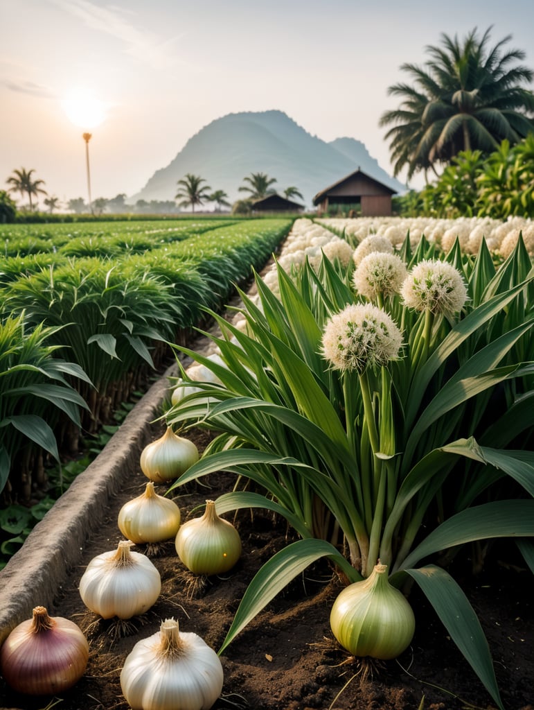 garlic plants with bulbs of cannabis on top in a field of onions on a tropical island