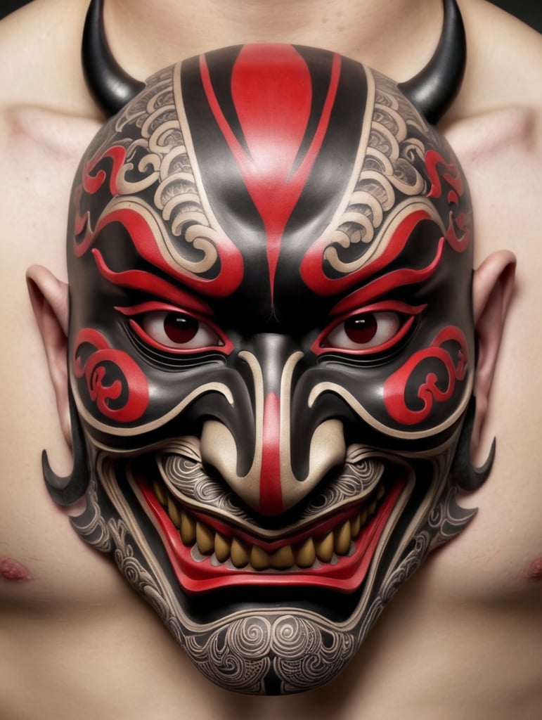 Hanya mask tattoo Japanese more 3d , nice red highlights