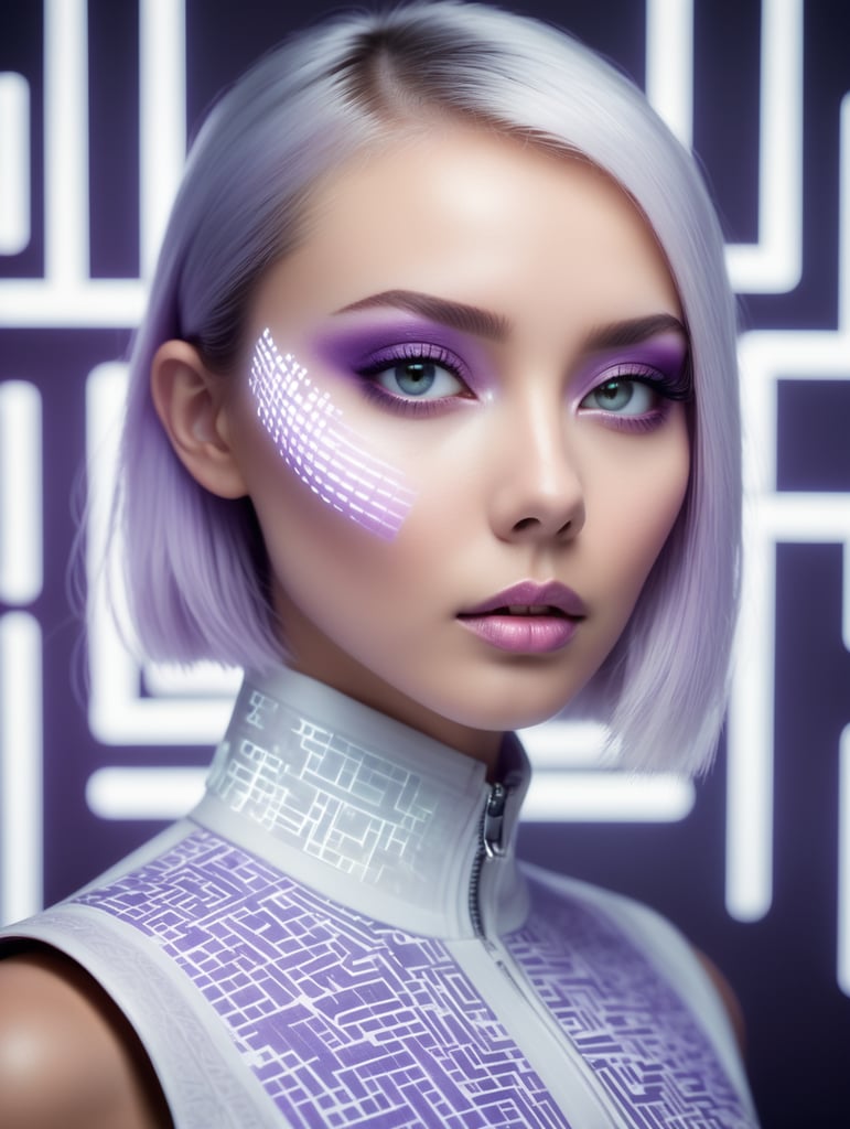 Fashion photography, pitch white slate grey lilac, full body view, minimalism, smoked eye shadow, illuminated white qr code pattern, luminous eyes, opposing pattern background, vibrant color, misty aether cyberpunk clothing, close up view of head, fluctuating depth of field, ethereal lighting, backlighting, holga medium format camera