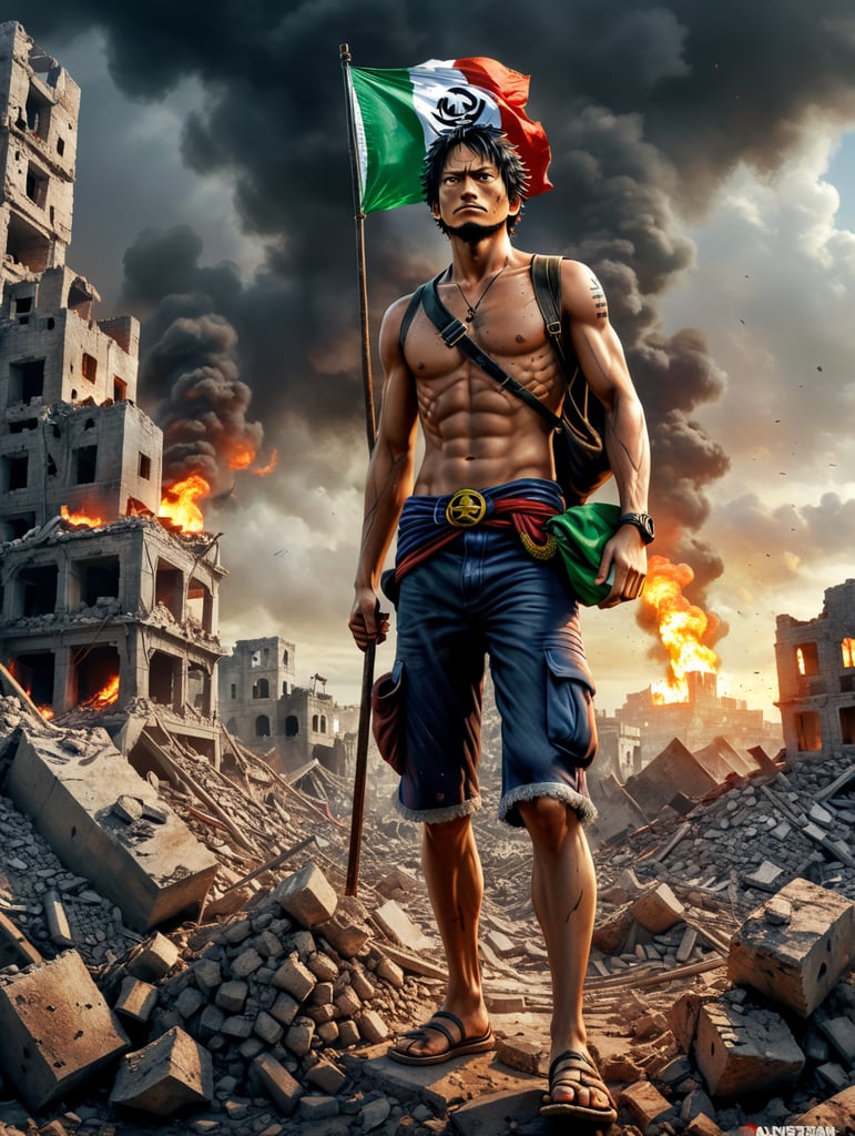 one piece luffycarrying Palestine flag In Gaza territory, as well as the ruins of rubble from the destruction of the city