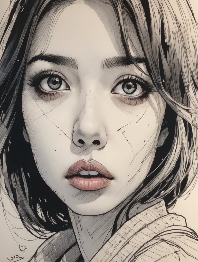 Scratchy pen strokes, blind contour, fisheye perspective closeup, beautiful girl, s face in darkness, stark hatch shaded sketchy scribbly, ink, strong angular shapes, woodcut shading, pen strokes, pouty lips, hungry eyes, minimalist realistic, anime proportions, distorted perspective