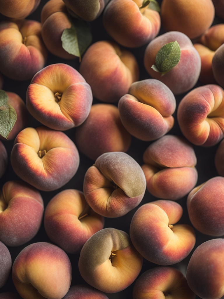 Peaches pattern with green leaves, detailed Peaches, macro photo