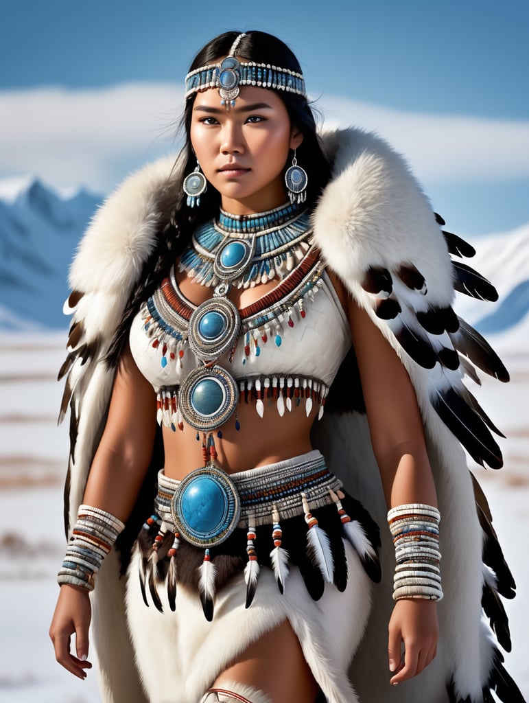 Generate a captivating full-body illustration of a stunning 18-year-old inuit woman dressed in exquisite stone age clothing, embellished with intricate feathers, vibrant beads, and delicate shells. she stands gracefully on the stark tundra steppe, radiating beauty and strength, while beside her, her younger brother, with a somber expression, evokes a poignant and melancholic atmosphere. bring this vision to life with the artistry of tom björklund.