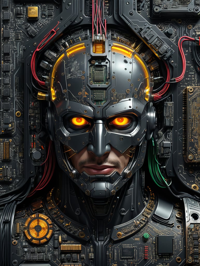 A comic book interpretation of a Tech Circuit Board, in the style of Frank Miller. Gritty and intense, with a grayscale color temperature, dynamic facial expressions, dramatic lighting, and a noir atmosphere