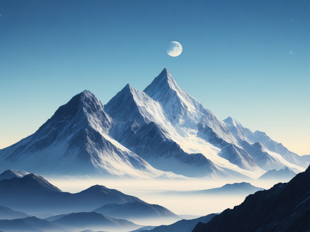 silver futuristic mountain with yellow sky and blue moon, art style, science fiction city background