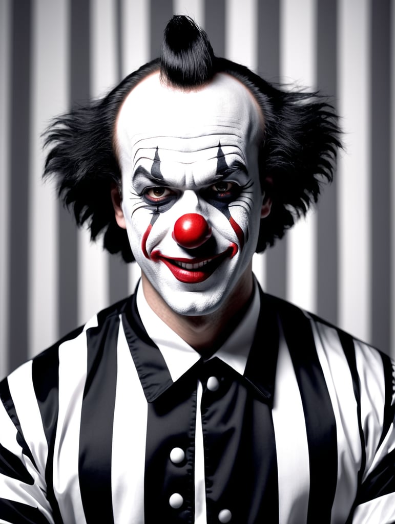 clown in a black and white stripes prison jumpsuit uniform
