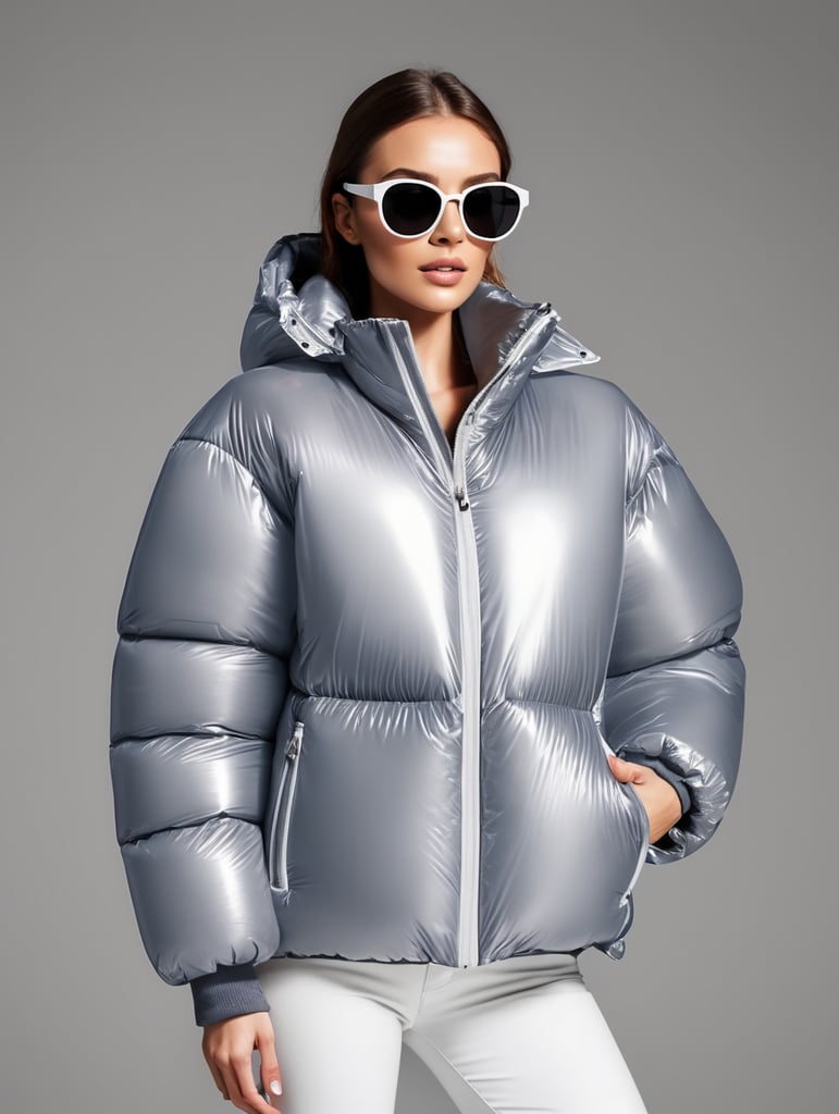 Inflatable white minimalist women's puffer jacket, wearing sunglasses, transparent, isolated, grey background, mockup