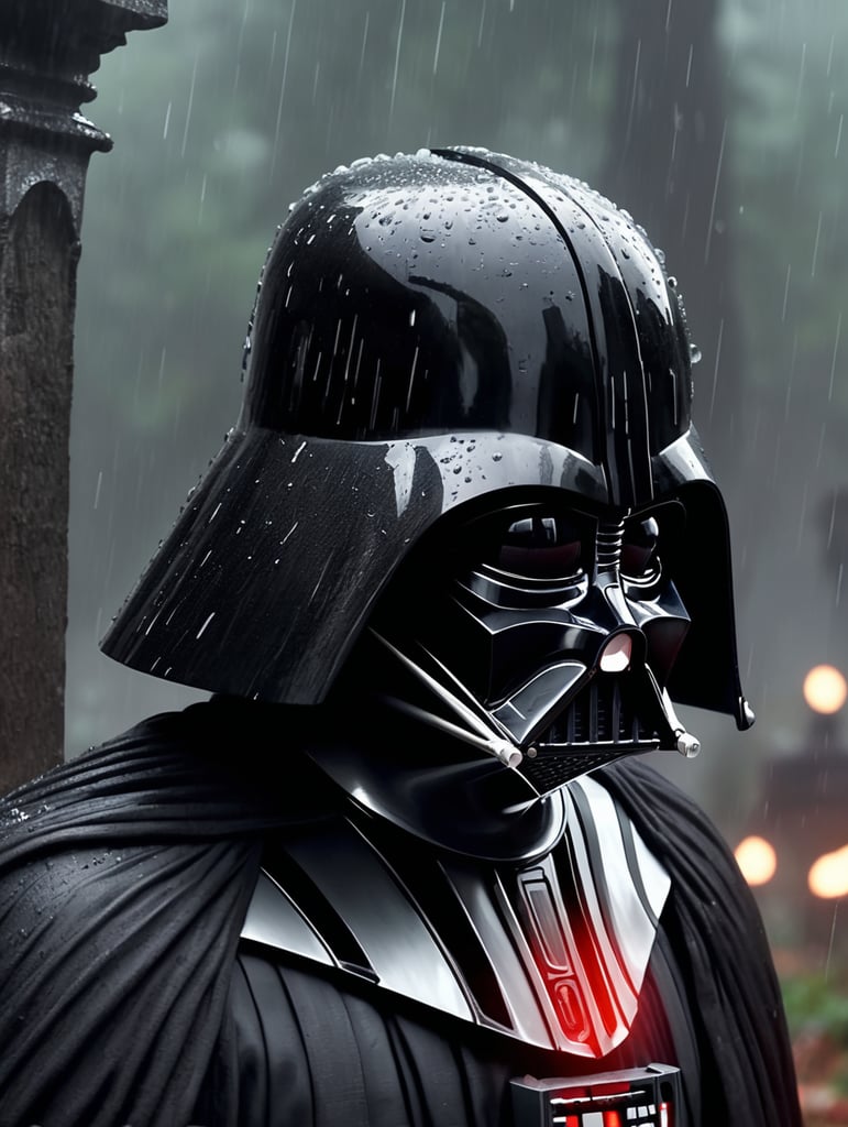 Darth vader with half his mask in his face scarred and depressed looking at padme's grave, star wars, depressing ,4k, rain, dark