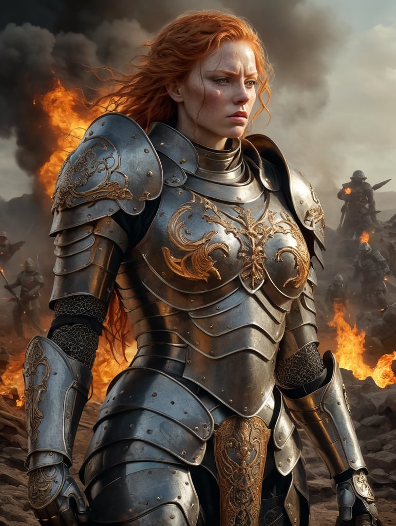 detailed illustration of ginger female divine paladin wearing full plate armor, heavily damaged armor, standing sad on a battlefield, battlefield on fire as background, dirt, misery and decadence, dark ambient, art by Mschiffer, tetradic colors,