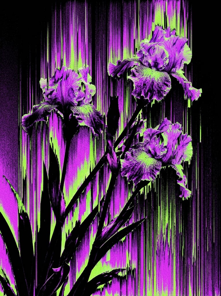 Three iris flowers with stems and leaves angled upward from the bottom left, rendered in an intense digital glitch art aesthetic heavily featuring vertical pixel sorting. The botanical forms are fractured and distorted, dissolving into jagged, continuous vertical streaks that stretch upwards and downwards like dripping digital paint. The high-contrast color palette consists of vibrant electric purple, neon lime green, and stark, void-like black. The stems, leaves, and core structures of the irises appear as dense black silhouettes melting into the vivid neon colors along their edges. The frilled petals of the blooms are fragmented by extreme databending effects, bleeding their bright purple and green hues into sharp vertical lines across the solid black background. A coarse, grainy digital noise texture coats the entire composition, creating a highly synthesized, corrupted visual atmosphere where the organic floral shapes seamlessly integrate with the harsh, vertical digital interference.