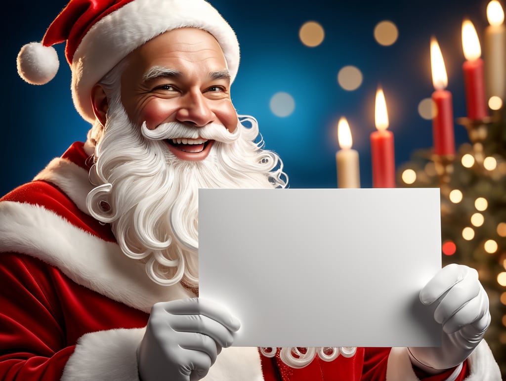 Portrait of Santa Claus smiling, White Background, holding a white business card, whimsical facial expression, flowing white beard, jolly caricature, saturated colors, red outfit, sharp focus, portrait photography, depth of field, dramatic candlelit lighting, incredibly high detailed, blue background, blurred background,