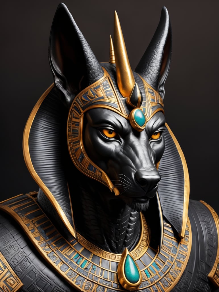 Egyptian god Anubis, portrait, hyper-realistic, dark style, focus on face, sharp on details, black background