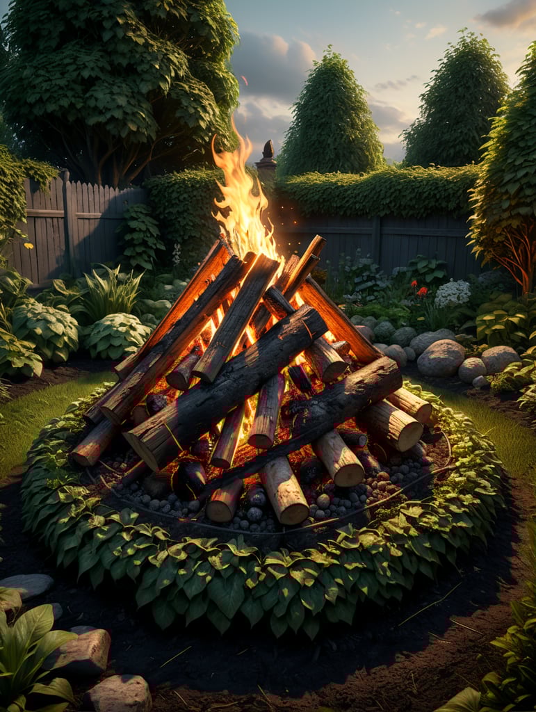 Side view of a small unlit bonfire in a garden, without flames or smoke