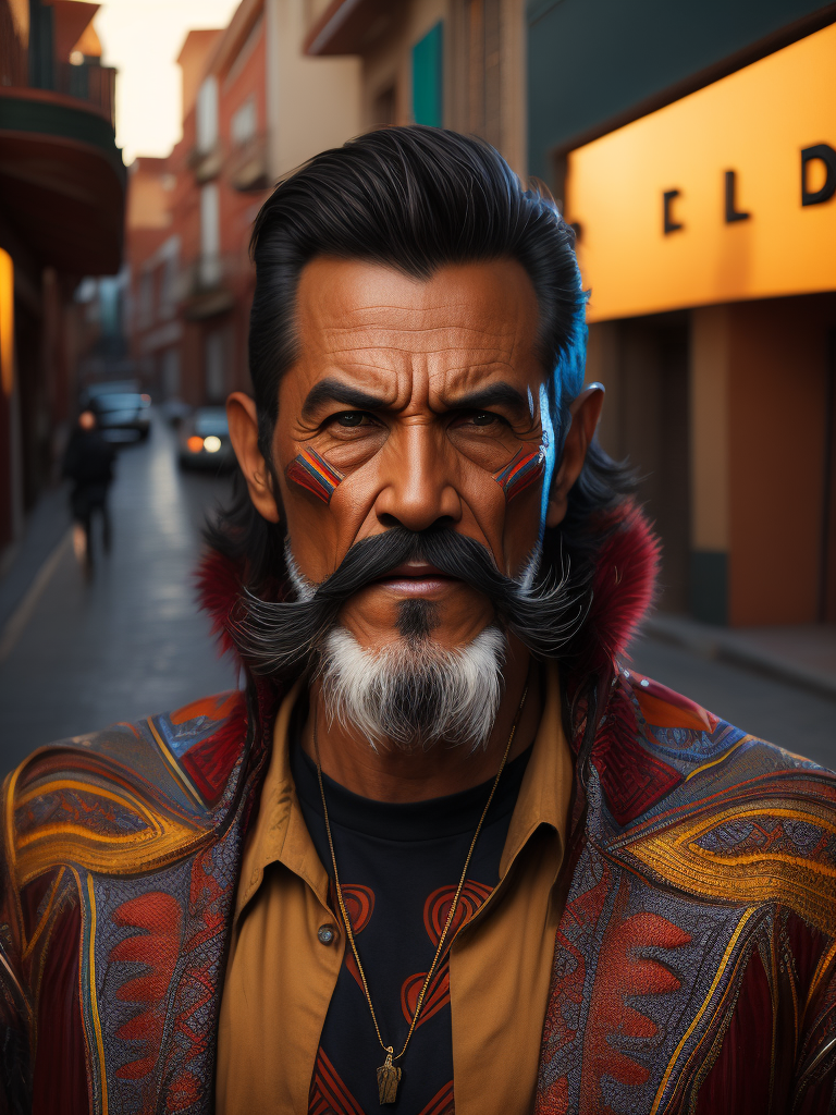 Wolverin marvel character on a mexican street with mexican clothes and bog moustache, with colorful bakcground, vogue and stylish