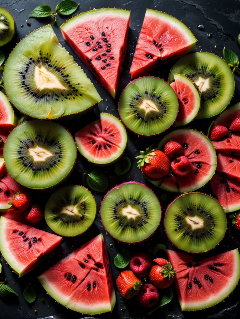Colorful sliced fruit pieces, top view, watermelon, dragon fruit, kiwi, strawberry
