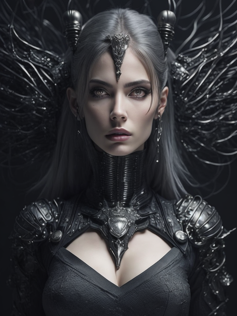 A witch with robotic implants on face and body very intricate sharp focus, dark art, dramatic lighting, style image hr giger, darkness ratio, fire background, fairytale and high fantasy, pretty face, mystical, mythical, magic, fantasy, perfect hands, perfect eyes, esoteric, mystical, cg, best quality masterpiece, dslr with a 200mm lens, greg rutkowski, 45 degrees, --s100, ultra realism, realistic photograph, hyperdetailed, very sharp, sharp focus, realistic details, professional, directed by ridley scott