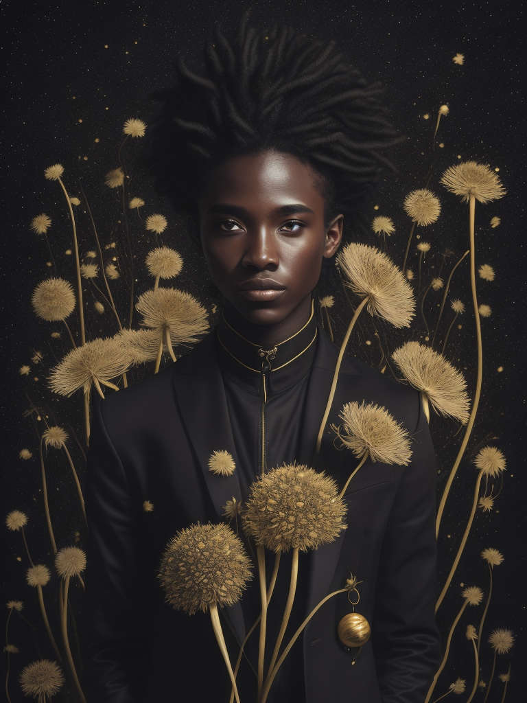 full body view of vantablack portrait in dandelions a with shine gold endings, eternal space, planets, saturn , captured with a Hasselblad camera