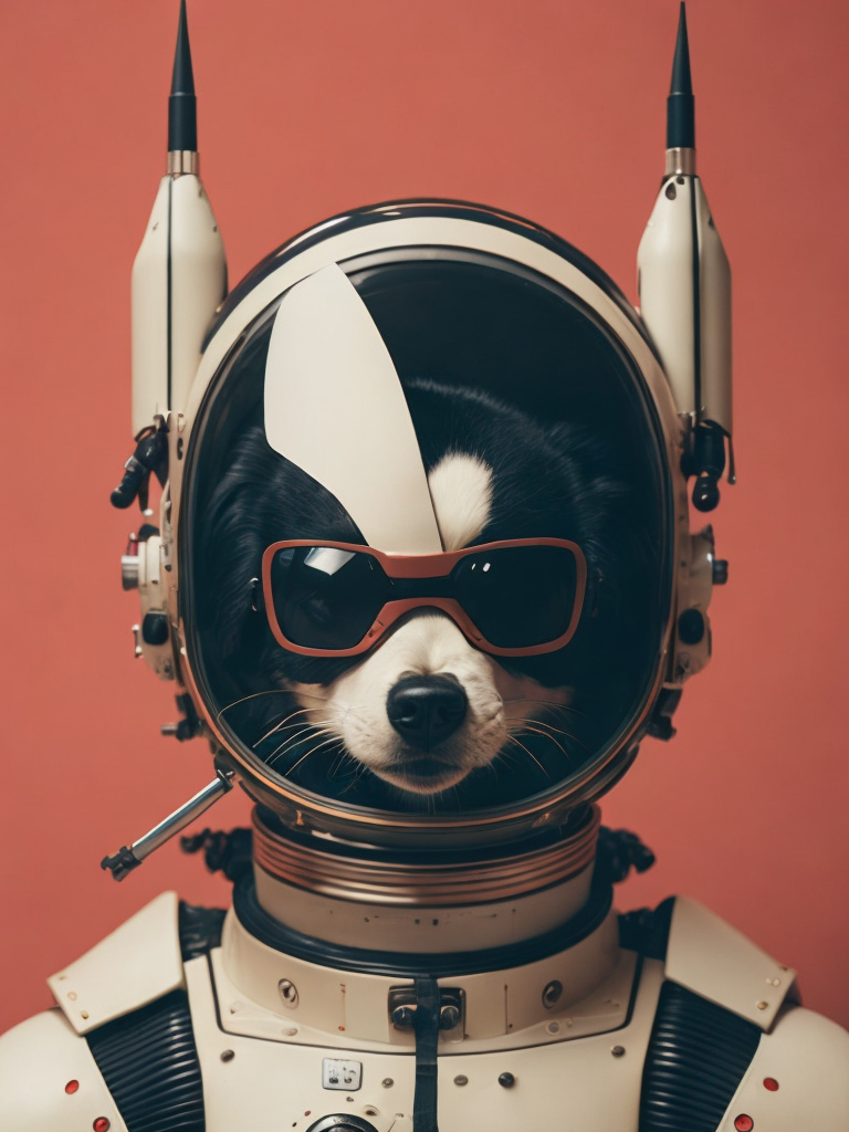 minimalistic fashionable gloomy portrait of space rocket robot, fur details, minimalistic design, minimal details, Versace, givenchy, film still from Wes Anderson, photograph, photoreal, 200mm, HD, f 2.0, highly detailed, accurate