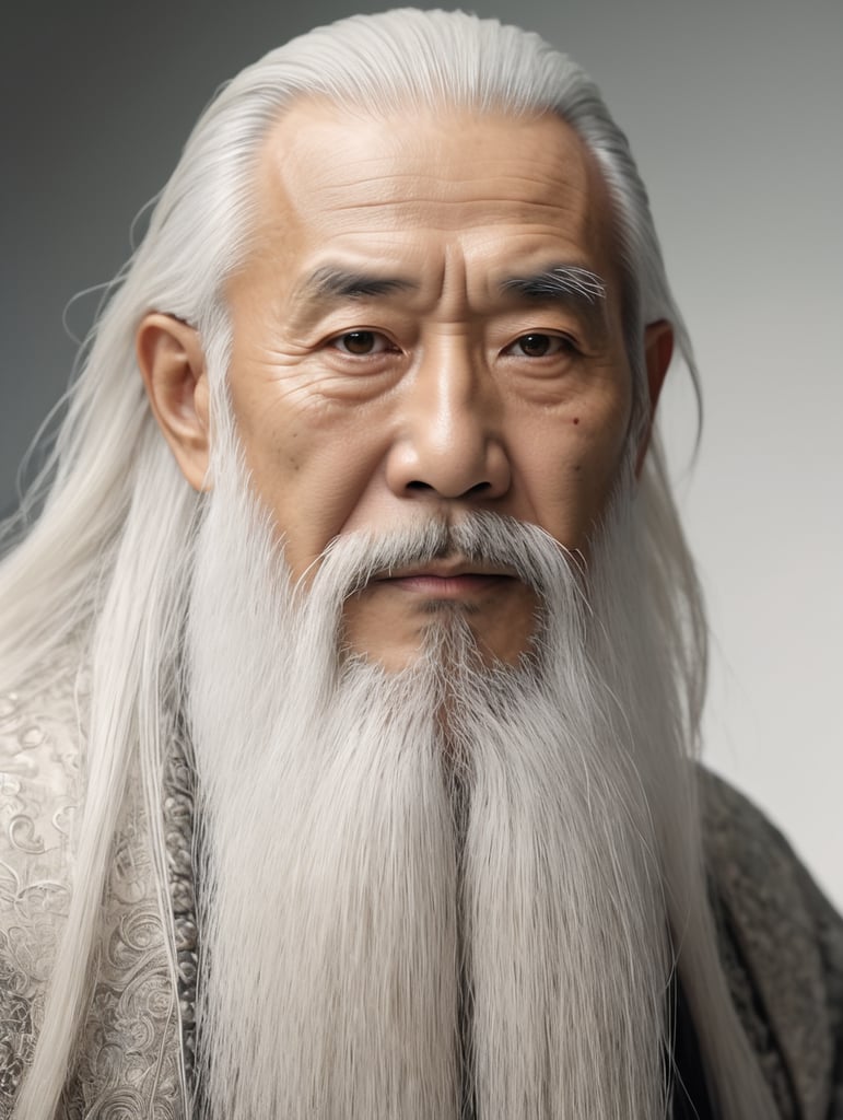 Wise old japanese man from tokyo with a long white beard, intricate, sharp focus, fantasy, cinematic lighting, other worldy, surreal 8k photo, dark moody aesthetic