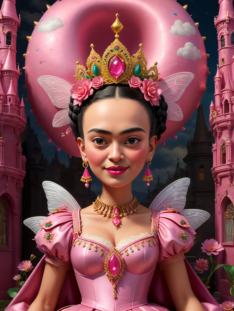 Imagine a full body charming 3D cartoon of Frida Kahlo as a pink Tooth Fairy straight out of a Disney movie on a pink castle background