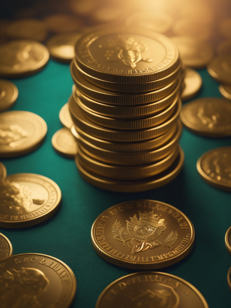 gold coins pile on green table, bright and saturated colors, elegant, highly detailed, vogue, fashion magazine, sharp focus, bright expressive makeup, dramatic lighting, depth of field, incredibly high detailed, blurred background'