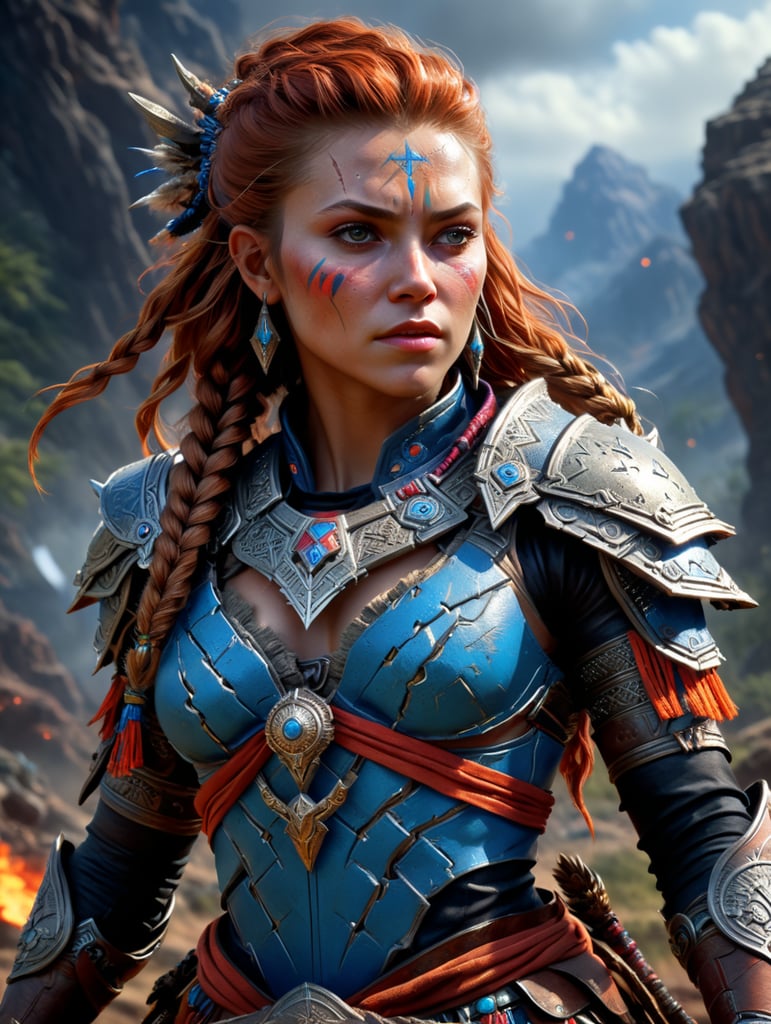 Aloy the beautiful Savior of Meridian, with torn clothes, after winning a battle by herself without any armor.