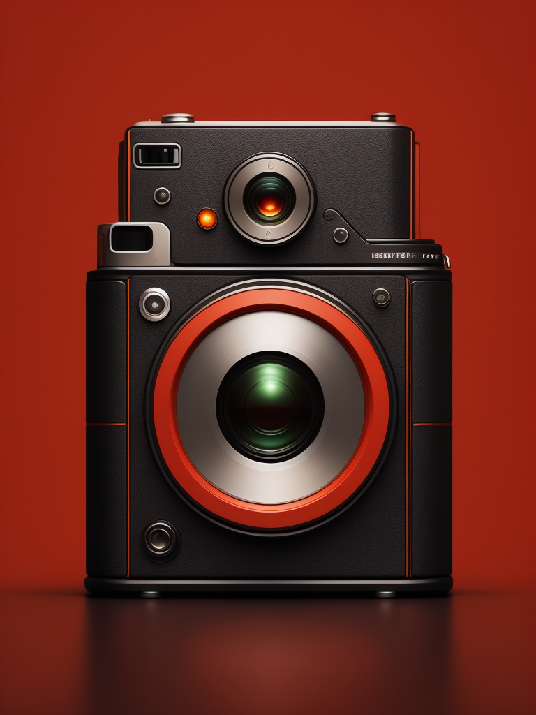 Red background, side view product photography of a camera designed by dieter rams, circular lens, minimal design, hasselblad, nikon, canon, fuji, leica, studio light, ultra realistic, ultra detailed, small labels, super intricate design, intricate detail, Object in the center of the image