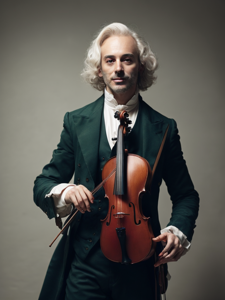 Antonio Lucio Vivaldi with a violin, in a 18th century green suit, Detailed image, detailed face,